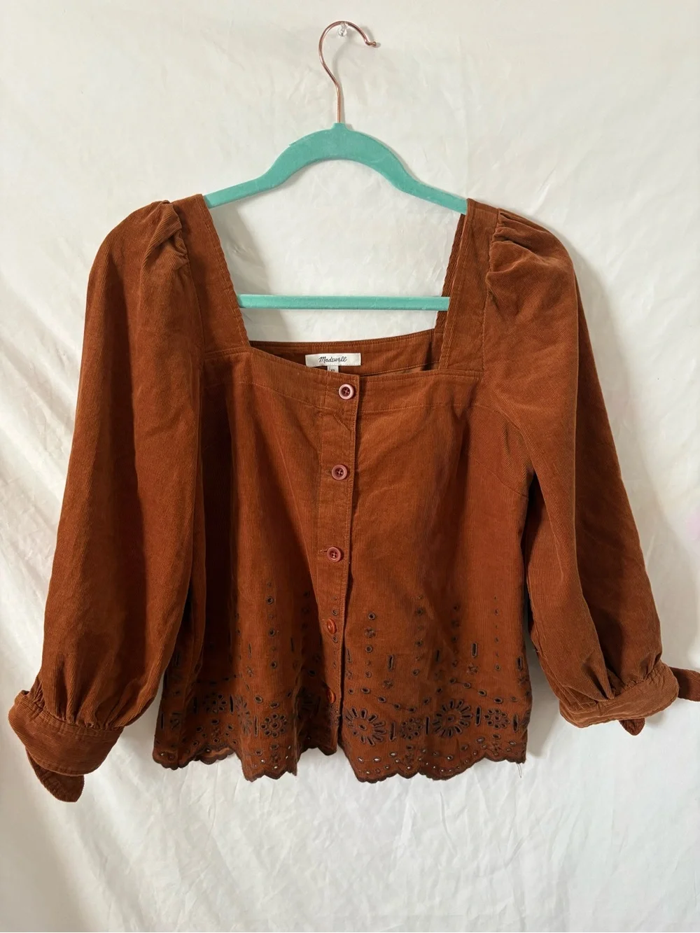 Madewell brown corduroy eyelet long sleeve straight neck top blouse XS